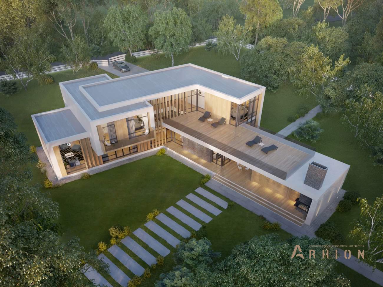 4. Проект двухэтажного дома в стиле хай-тек с плоской кровлей , rh-610, площадью - 610 кв c сауной, терассой, балконом, гаражом, вторым светом